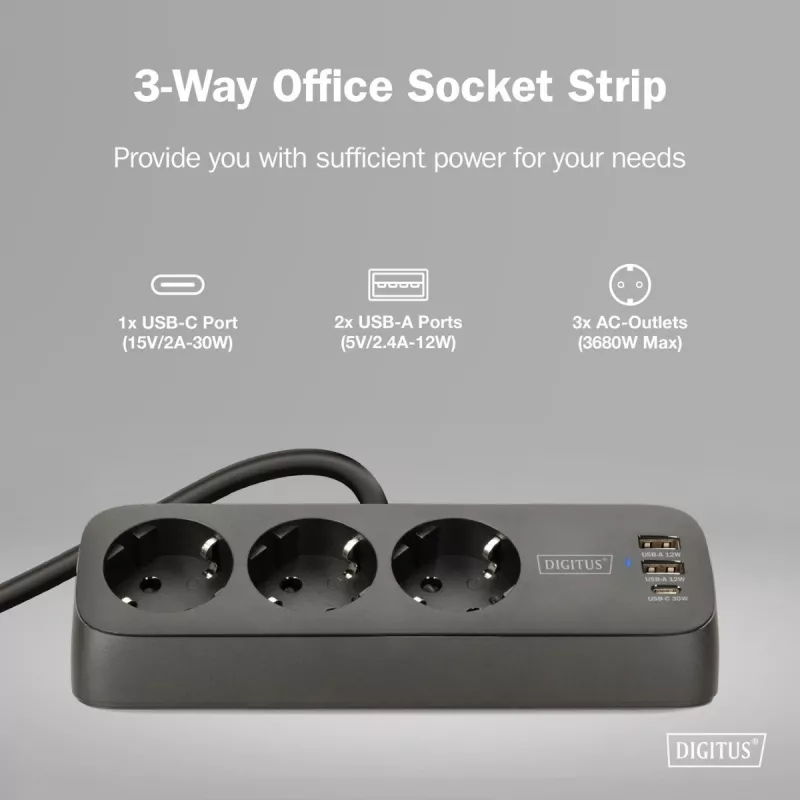 Strāvas sadalītājs DIGITUS 3-vietīgs ar 2×USB-A & 1×USB-C, 3 maiņstrāvas kontaktligzdām Tips E/F, 1,5 m kabelis, melns