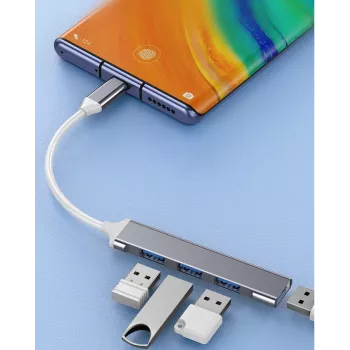 USB centrmezgls VAKOSS TC-4125X — 1× USB 3.0 Type-A, 3× USB 2.0 Type-A, Host: USB Type-C, sudraba
