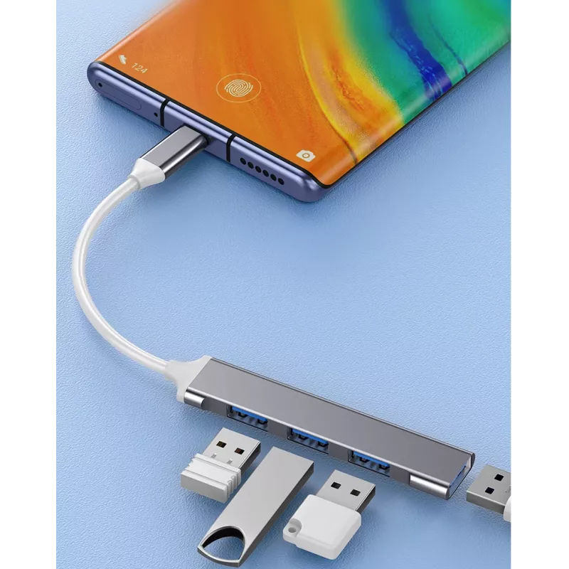 USB centrmezgls VAKOSS TC-4125X — 1× USB 3.0 Type-A, 3× USB 2.0 Type-A, Host: USB Type-C, sudraba