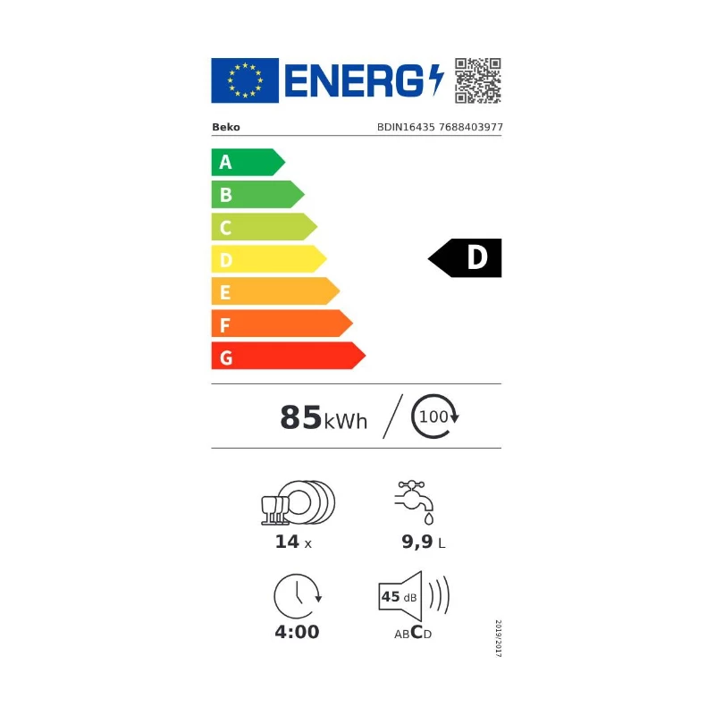 BEKO iebūvējamā trauku mazgājamā mašīna BDIN16435, energoefektivitātes klase D, SelfDry, LED punktveida indikators