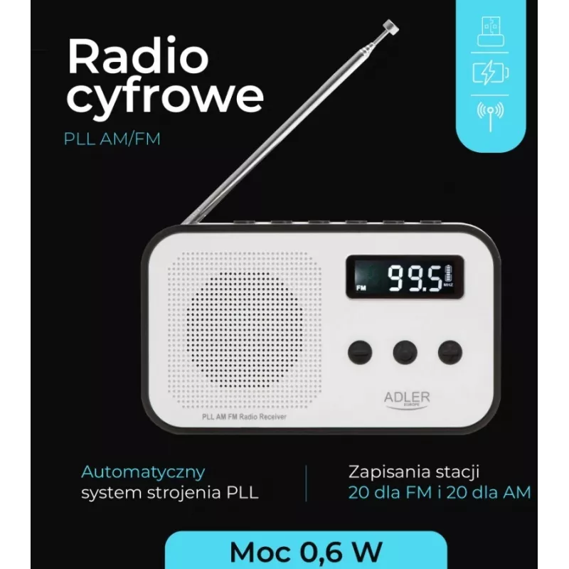 Pārnēsājamais ciparu radio Adler AD 1907 — AM/FM, ciparu uztvērējs, modinātājs, USB-C, 600 mAh baterija, LCD, 20 atmiņas vietas, teleskopiskā antena