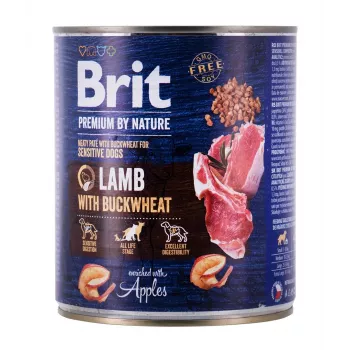 Mitrā suņu barība Brit Premium by Nature ar jēru un griķiem 800 g, bez graudiem, pieaugušiem suņiem, kanna