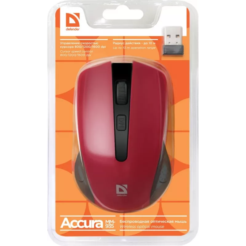 Bezvadu optiskā pele DEFENDER MM-935 RF — piemērota abām rokām, 1600 DPI, sarkana, RF USB uztvērējs, AAA baterijas