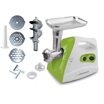 Gaļas maļamā mašīna ESPERANZA EKM012G — 600 W, nerūsējošā tērauda asmens, desu pildīšanas uzgalis, kebe pagatavotājs, reverss, neslīdošās pēdiņas, balta/zaļa