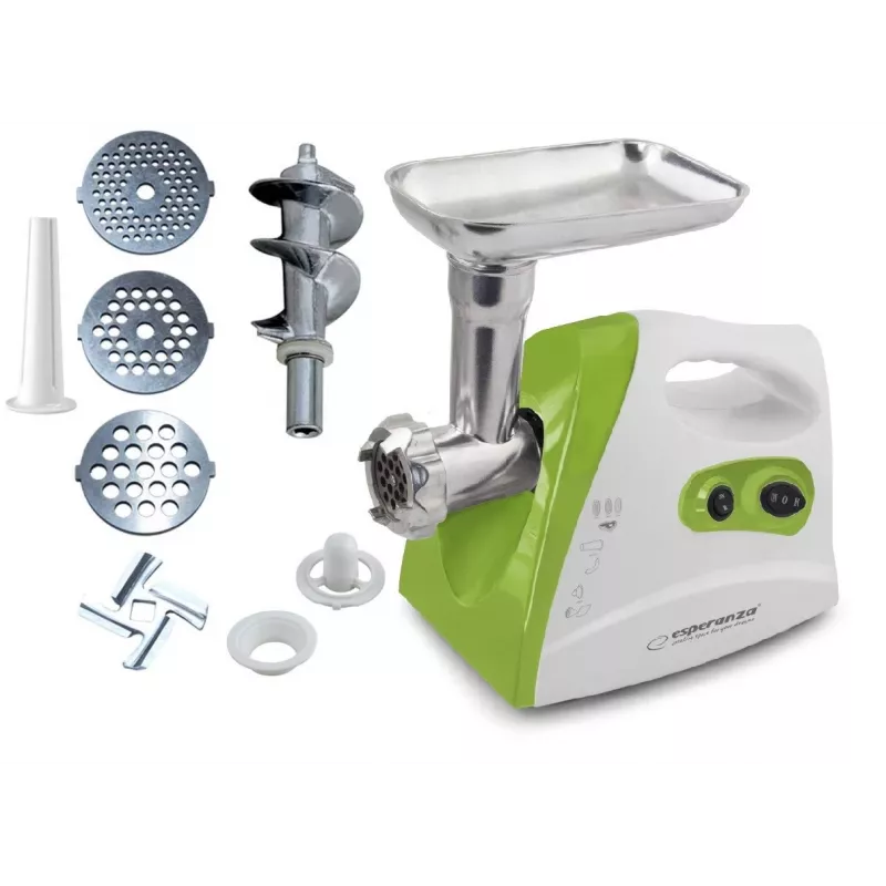 Gaļas maļamā mašīna ESPERANZA EKM012G — 600 W, nerūsējošā tērauda asmens, desu pildīšanas uzgalis, kebe pagatavotājs, reverss, neslīdošās pēdiņas, balta/zaļa