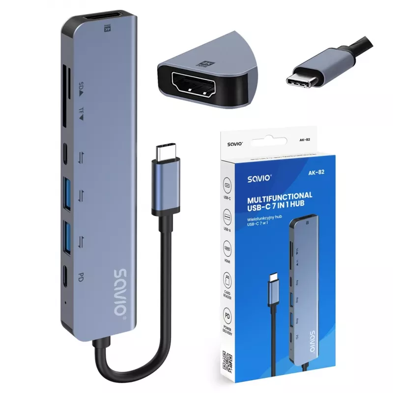 USB Type-C centrālmezgls SAVIO AK-82 ar HDMI, MicroSD, USB 3.2 Gen1, PD caurlaidi, 4K@30Hz, 5000 Mbit/s, melns
