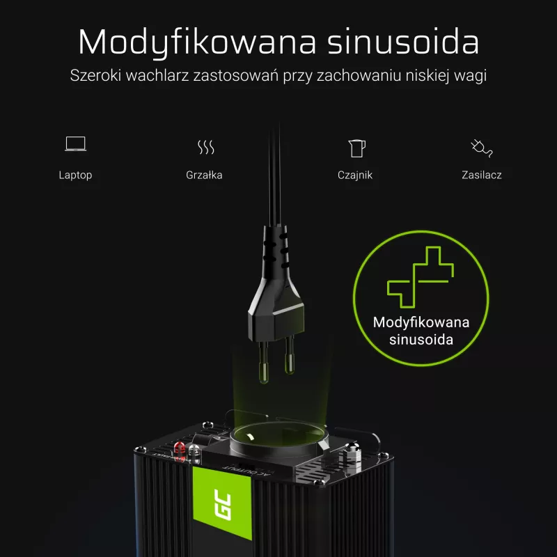 Jaudas pārveidotājs zaļa Cell INV04DE, 24 V ieeja, 230 V izeja, 500 W, 50 Hz, universāls strāvas adapteris, melns