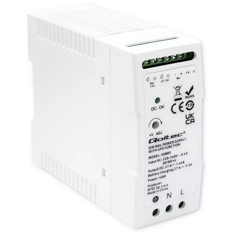 Qoltec 50885 Stabils DIN sliedes barošanas avots ar UPS funkciju | 40W
