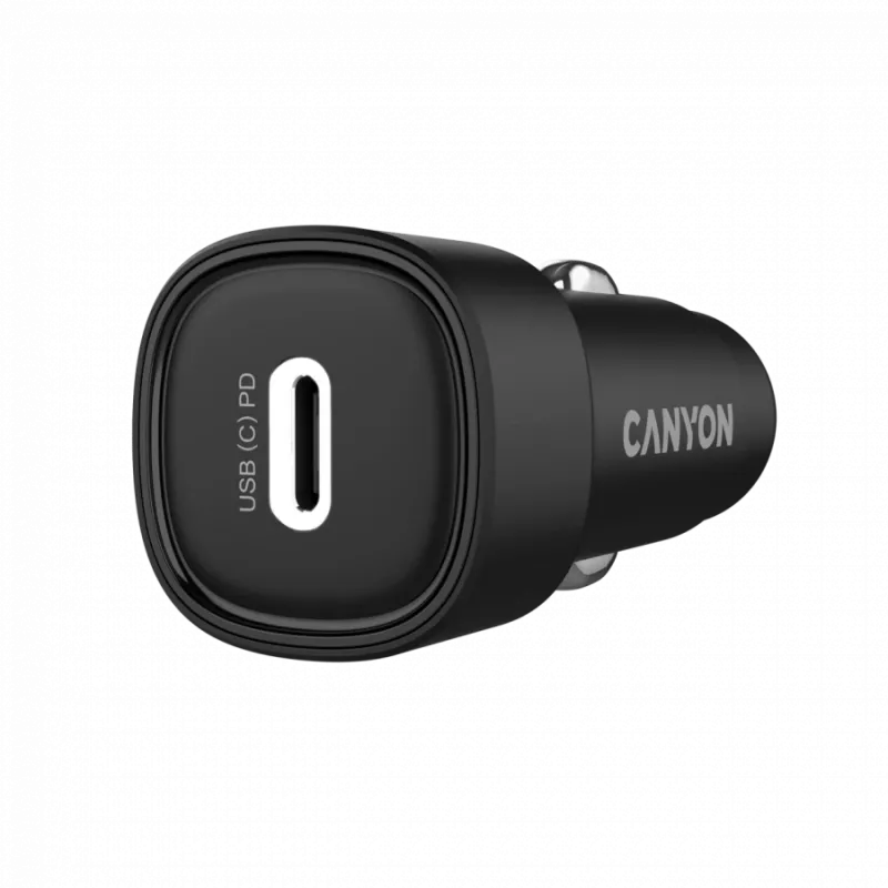 Automašīnas lādētājs CANYON OnDrive 30 PD 30W USB-C Melns — iebūvēts USB-C strāvas adapteris ar jaudu 30W PD