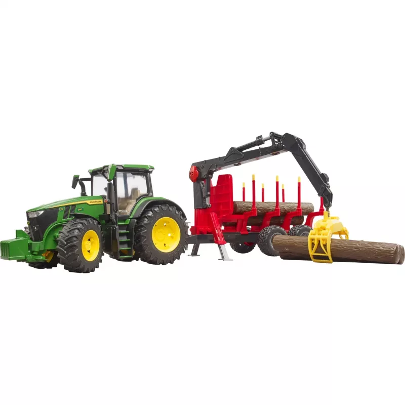 BRUDER John Deere 7R 350 ar mežsaimniecības piekabi un 4 stumbriem