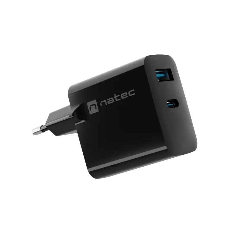 Vadu mobilo ierīču lādētājs NATEC NUC-2143, 45 W, USB-C PD 3.0 + USB-A QC 3.0, 110–240 V, melns