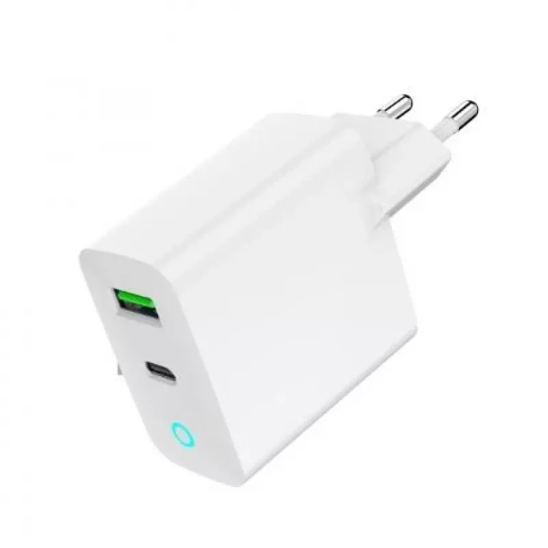 Tīkla barošanas bloks 220V GEMBIRD, universāls, 1 x USB Type-C PD 20W, 1 x USB-A 3.0 QC 18W, LED indikators, balts
