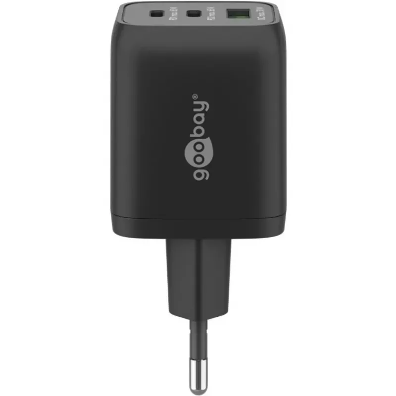 USB-C Ātrais lādētājs Nano, PD, GaN, 65 W, USB-C pīts kabelis (melns, 1x USB-A, 2x USB-C PD, Quick Charge 3.0, 1 metra kabelis)