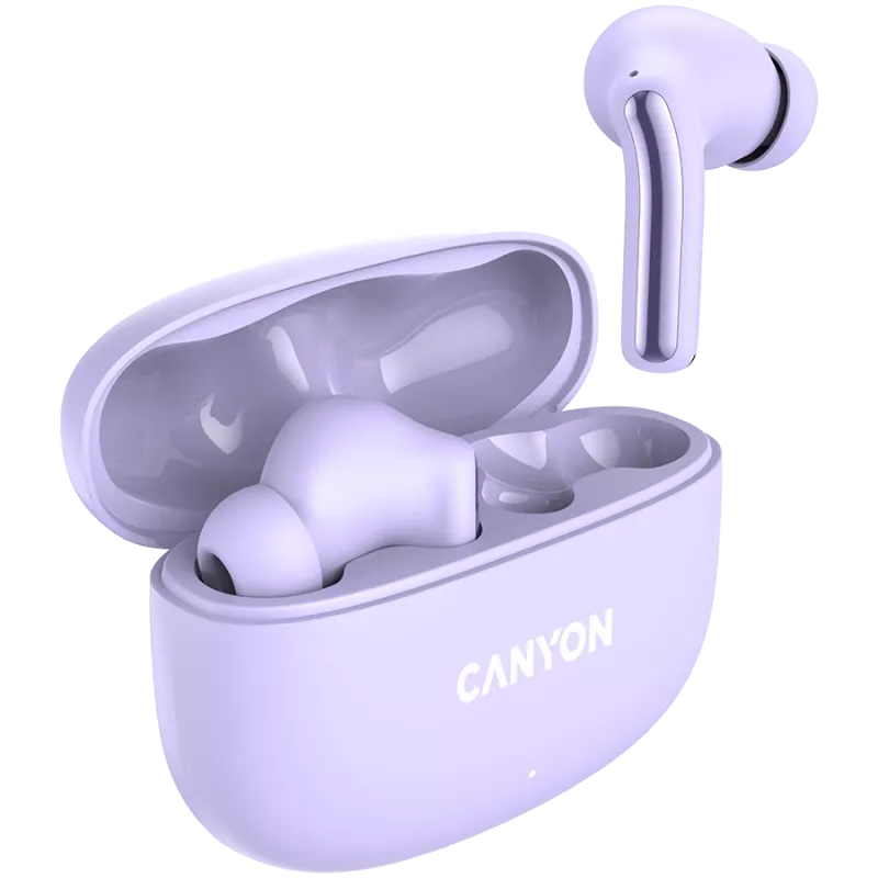 Canyon TWS-9 CNS-TWS9P Austiņas – patiesi bezvadu – Bluetooth 5.4 – Iekšauss – 6h + 30h darbības laiks – USB-C uzlādes futrālis – Skārienvadība – ceriņkrāsa