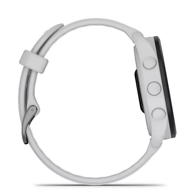 Viedpulkstenis GARMIN Forerunner 165 — GPS, AMOLED 1,2 collas, 4 GB, 5 ATM, 11 dienu akumulators, pelēks korpuss, balta siksniņa