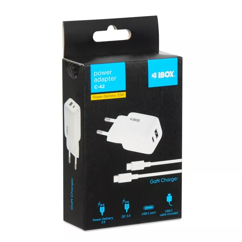 USB lādētājs IBOX ILUC42W 42W (33W max), 1×USB-C PD3.0, 1×USB-A QC3.0, 100–240V, balts