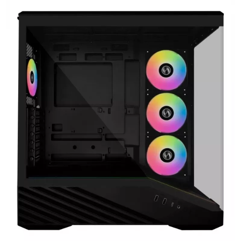 PC Case Lian Li Vector V100 Midi Tower — Melns ar caurspīdīgu paneli, atbalsta 3×120mm sānu + 1×120mm aizmugurējo ventilatoru, 3,5 collu HDD, 2,5 collu SSD, 235,5×446×484,6 mm
