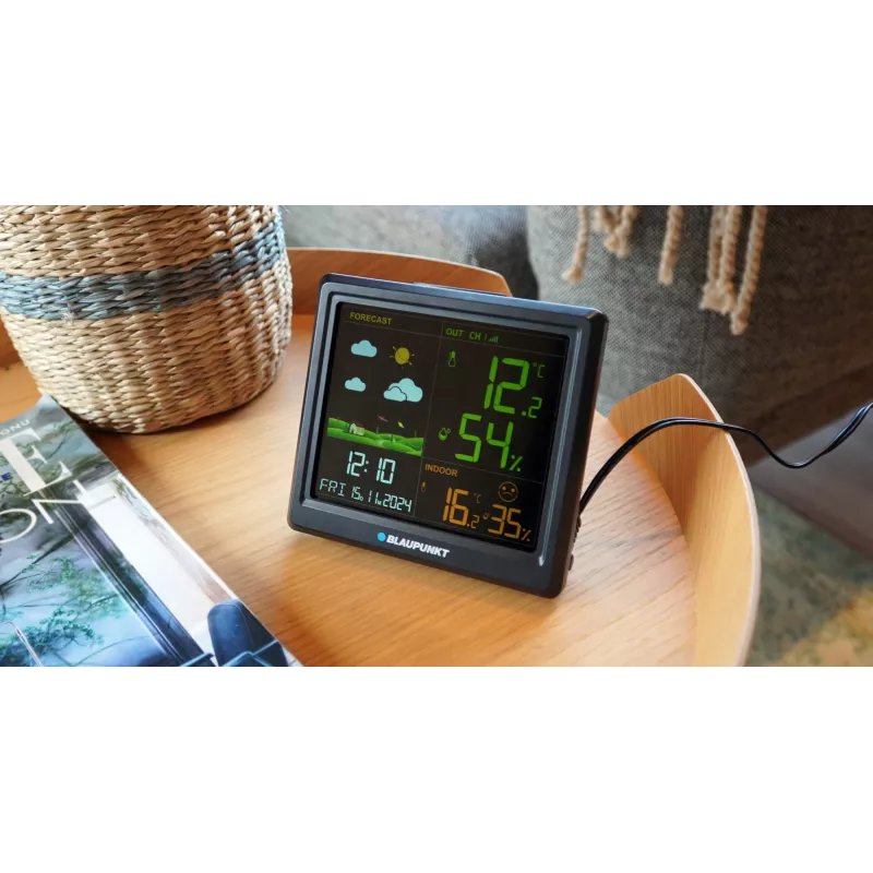 Laika stacija BLAUPUNKT WS25BK — iekštelpu/āra temperatūras un mitruma monitors, melna, 1 sensors, LCD displejs
