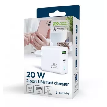 Tīkla barošanas bloks 220V GEMBIRD, universāls, 1 x USB Type-C PD 20W, 1 x USB-A 3.0 QC 18W, LED indikators, balts
