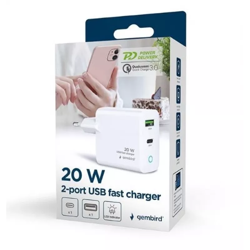 Tīkla barošanas bloks 220V GEMBIRD, universāls, 1 x USB Type-C PD 20W, 1 x USB-A 3.0 QC 18W, LED indikators, balts
