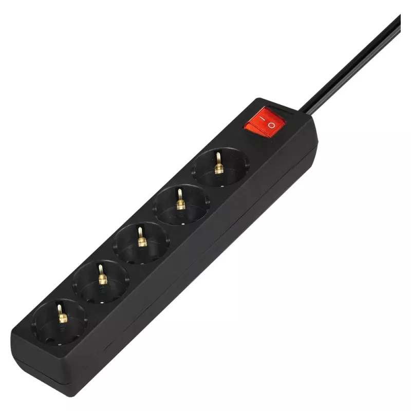Strāvas sadalītājs SAVIO LZ-15 — 5 maiņstrāvas rozetes, universāls kontaktdakša, 5 m kabelis, 2500 W, 10 A, melns