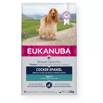 Sausā suņu barība EUKANUBA Breed Specific Cocker Spaniel 7.5 kg — vista, pieaugušiem, ādai un apmatojumam, sirds atbalstam