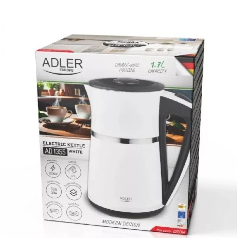 Elektriskā tējkanna Adler 1.7l 1355w balta ar dubultsienām