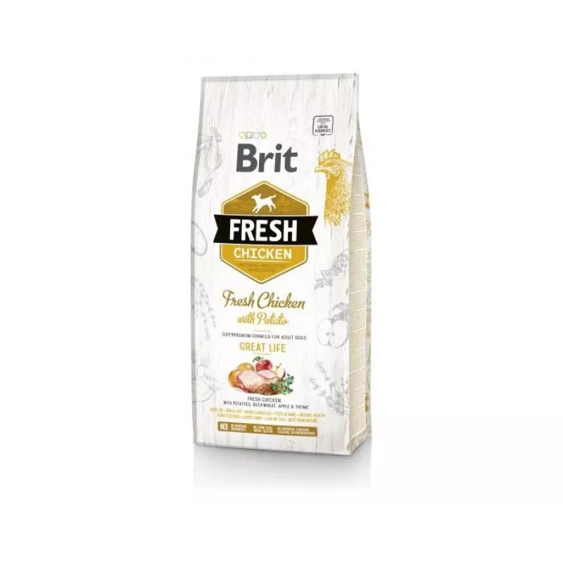 Brit Fresh Adult sausā barība pieaugušiem suņiem 12 kg, vista, ābols, griķi, kartupelis