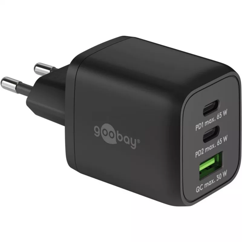 USB-C Ātrais lādētājs Nano, PD, GaN, 65 W, USB-C pīts kabelis (melns, 1x USB-A, 2x USB-C PD, Quick Charge 3.0, 1 metra kabelis)