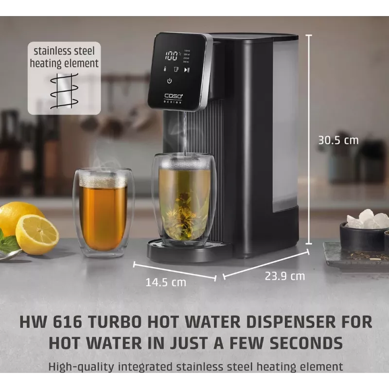Caso Turbo karstā ūdens dozators | HW 616 | Ūdens dozators | 2600 W | 2.5 L | Plastmasa/Nerūsējošais tērauds | Melns/Nerūsējošais tērauds