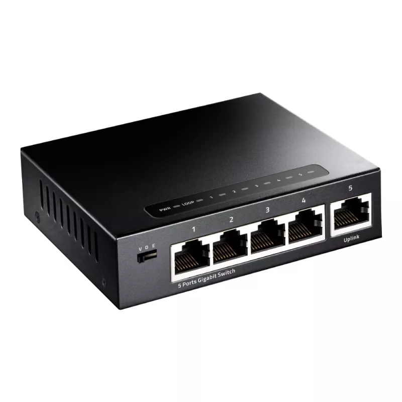 Tīkla slēdzis Cudy GS105 — 5 portu Gigabit Ethernet (10/100/1000), melns, 5 V DC barošana iekļauta