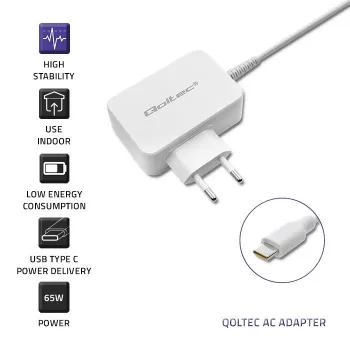 Barošanas adapteris QOLTEC 51039 65W AC-to-DC 220–240V 20.3V/3.25A Type C balts, 1.7 m kabelis