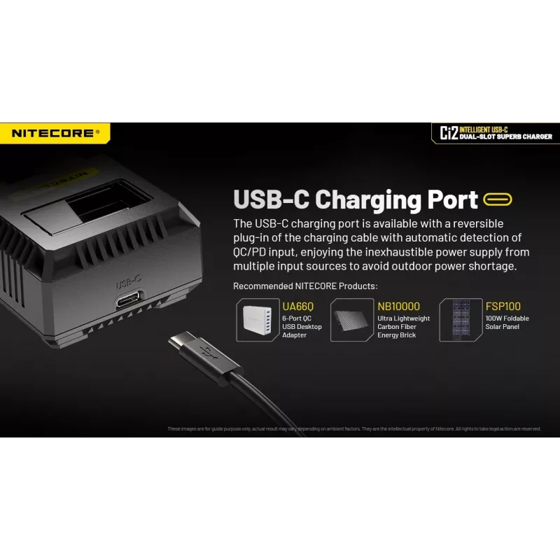 Baterijas lādētājs Nitecore Ci12 Universāls USB lādētājs Li‑Ion, NiCd, NiMH, 3A ieeja 5/9/12V, plastmasas korpuss