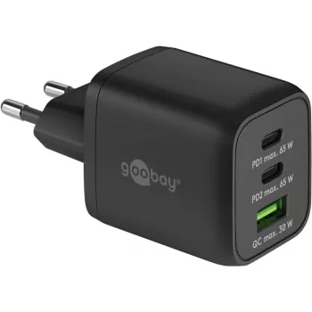 USB-C Ātrais lādētājs Nano, PD, GaN, 65 W, USB-C pīts kabelis (melns, 1x USB-A, 2x USB-C PD, Quick Charge 3.0, 1 metra kabelis)
