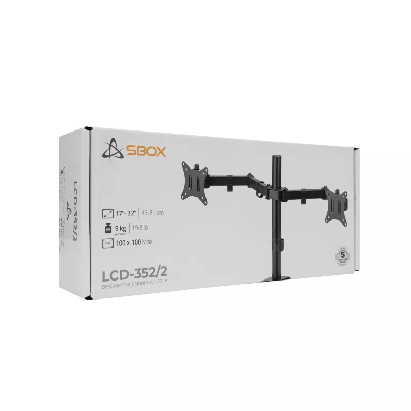 Monitora sienas stiprinājums SBOX LCD-352/2-2 13–32 collu ekrāniem, dubultā svira, 2×8 kg slodze, VESA 100×100