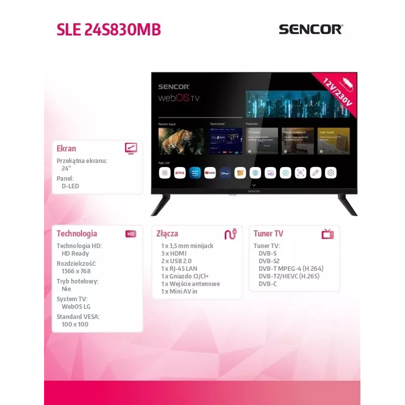 24 collu LED viedais televizors SENCOR SLE 24S830MB — HD izšķirtspēja, energoefektivitātes klase E