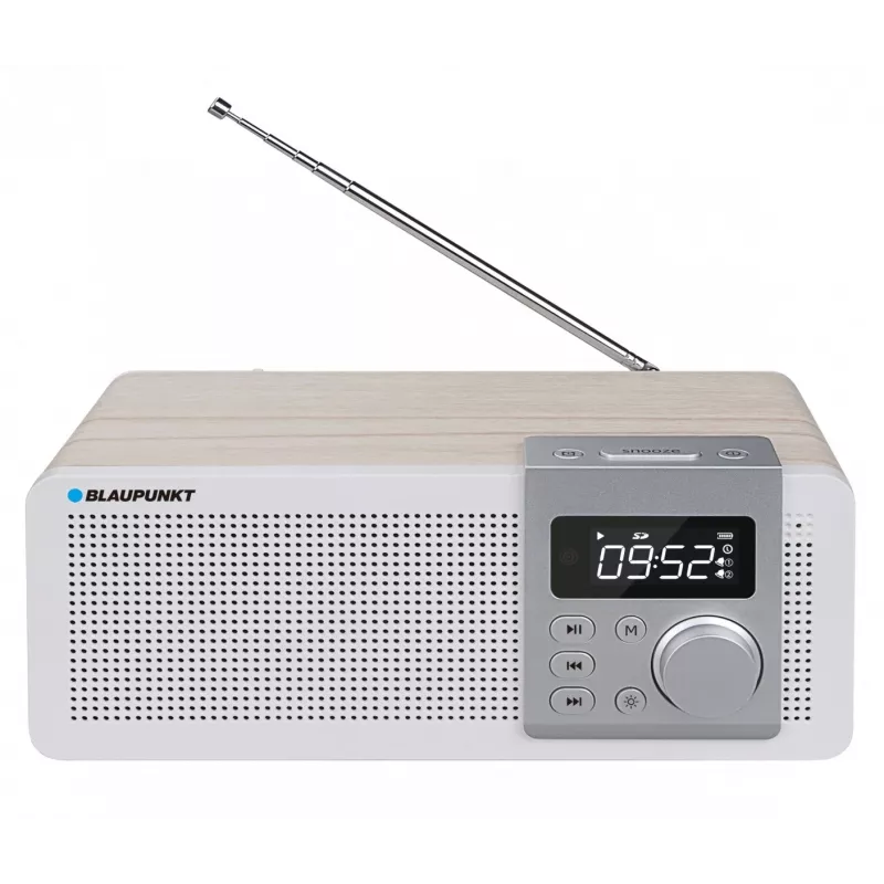 Portatīvais radio BLAUPUNKT PP14BT ar Bluetooth, MP3, MicroSD, USB un modinātāju — 6 W, baterija/maiņstrāva, 230×118×90 mm