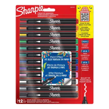 Akrila krāsu pildspalvas Sharpie Creative Marker 12 gab. lodīšu uzgalis melnas