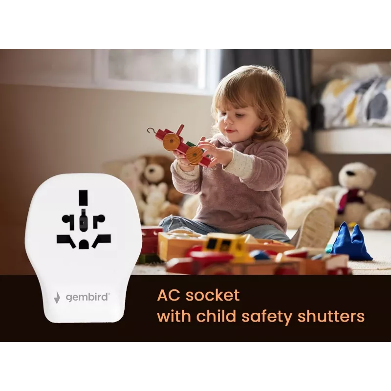 Sienas ceļojumu adapteris GEMBIRD TPA-1A2C20-02-W 20W — 1×USB-A + 2×USB-C, Type G spraudnis, 100–250V, balts