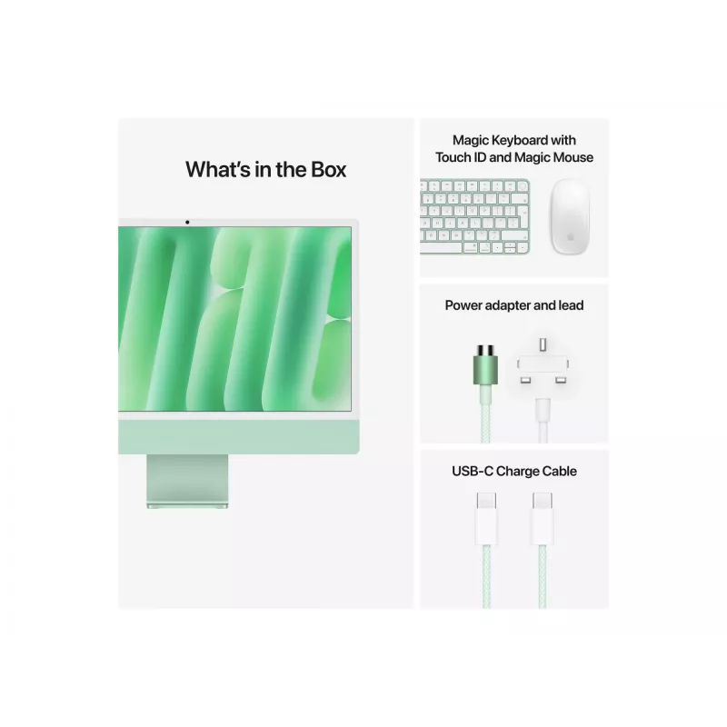iMac 24 Retina 4.5k displejs M4, zaļš, M4 (10-CPU/10-GPU), 24GB, 512GB, standarta stikls, Touch ID, vācu, Gigabit Ethernet, Magic pele, MD2Q4D/A