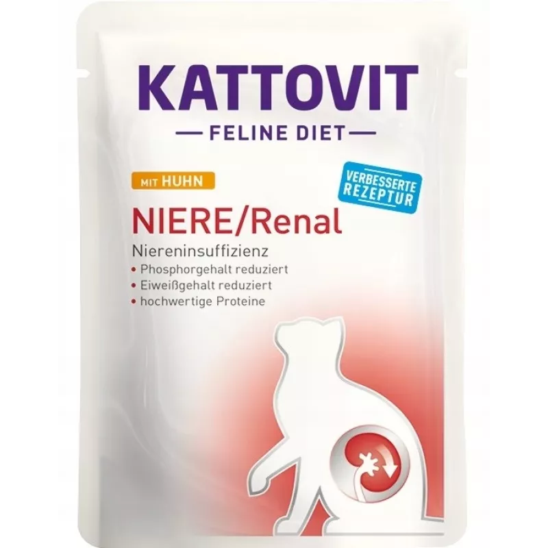 Mitrā kaķu barība KATTOVIT Niere/Renal 85 g paciņa — 12 x 85 g, mājputnu gaļa (liellopu gaļa, vista, pīle, tītars) pieaugušiem kaķiem ar nieru mazspēju