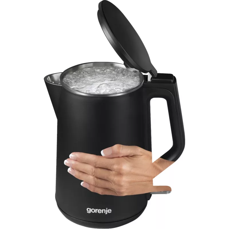 Elektriskā tējkanna Gorenje K15DWBK — 1,5 L, 2200 W, melna, pogu vadība, 360° pamatne