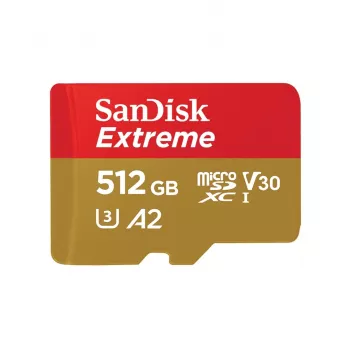 MicroSDHC atmiņas karte SANDISK Extreme 512 GB UHS-I A1 V30 U3 Class 10, lasīšana 190 MB/s, rakstīšana 130 MB/s, komplektā SD adapteris