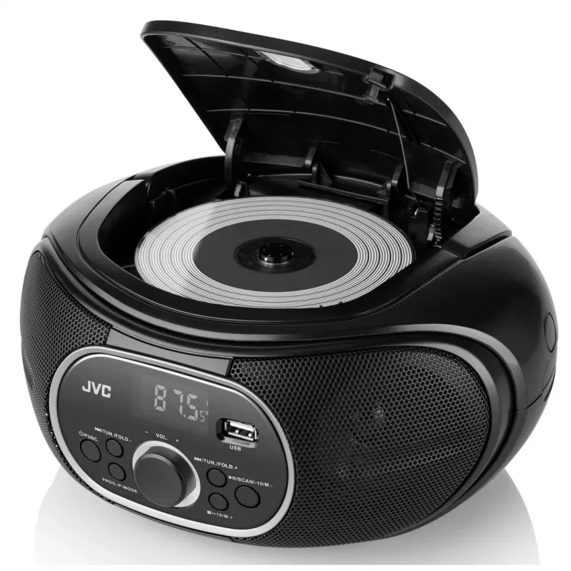 Pārnēsājams CD atskaņotājs JVC RD‑E221B — melns, CD/MP3, kasešu klājs, USB atskaņošana, FM radio, AUX, barošana ar baterijām/maiņstrāvu