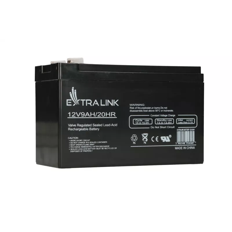 Hermētiska svina-skābes (VRLA) baterija 12V 9Ah Extralink – AGM, 1 gab., melna