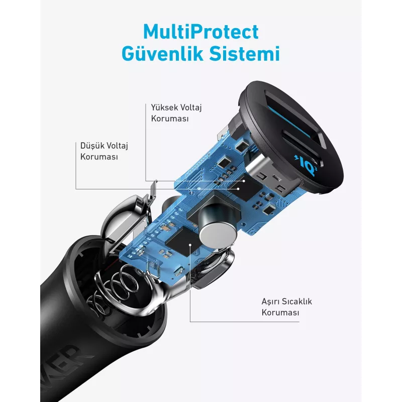 Anker auto lādētājs 30 W, 2 pieslēgvietas, melns, ātrā uzlāde