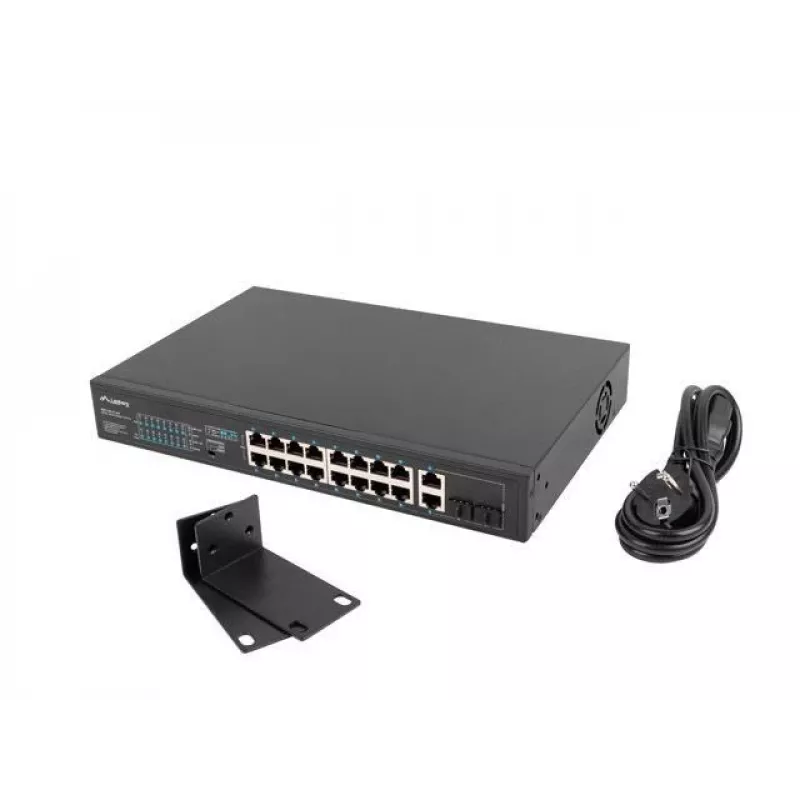 Nepārvaldāms slēdzis LANBERG RSFE-16P-2C-250 — 18 portu Gigabit, 16x PoE+ (30W), 2x SFP, 250W, 1U, metāls, stiprināšana statīvā