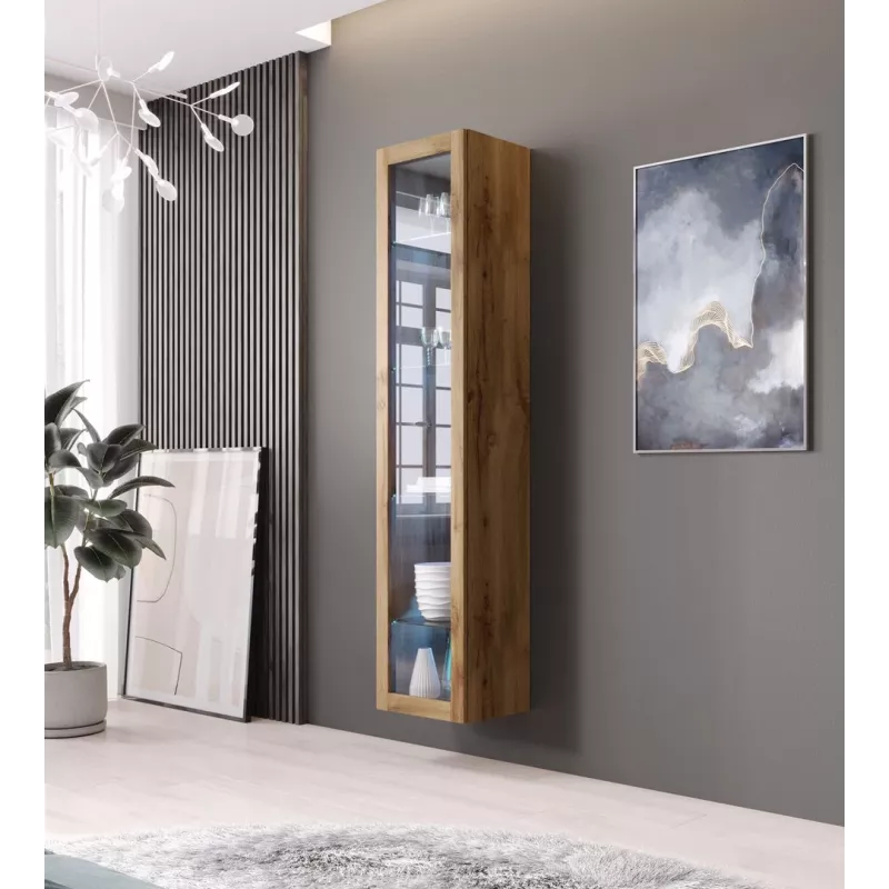 Vitrīna Cama Meble VIGO 180 — pie sienas stiprināma stikla vitrīna, 1800×400×300 mm, wotan ozols