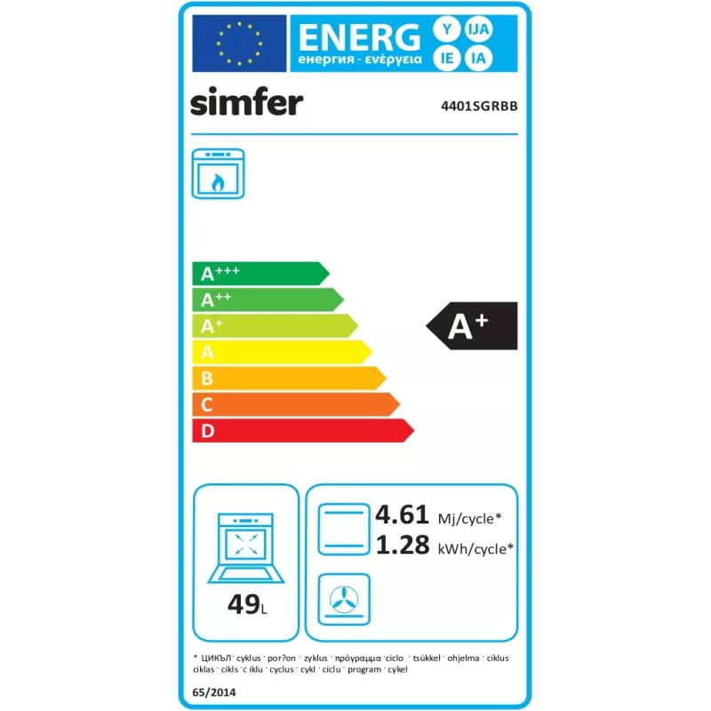Gāzes plīts SIMFER 4401SGRBB.1 ar gāzes plīts virsmu un gāzes krāsni, platums 50 cm, dziļums 55 cm, energoefektivitātes klase A+