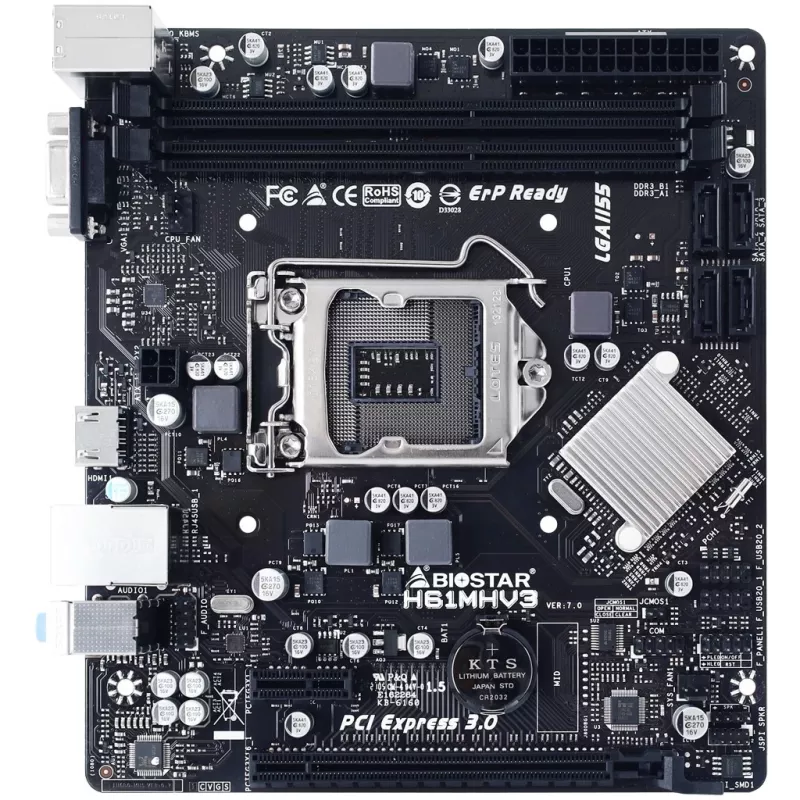 Mātesplate BIOSTAR H61MHV3 micro ATX, Intel H61 mikroshēmojums, LGA 1155, DDR3, 2x DIMM, 4x SATA II, HDMI, VGA